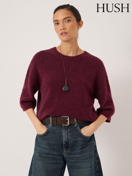 Red - Hush Arlette Gathered Sleeve Pointelle Stitch Wool Blend T-shirt