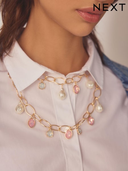Gold Tone 2 Layer Open Link Pearl Necklace (405598) | AED38
