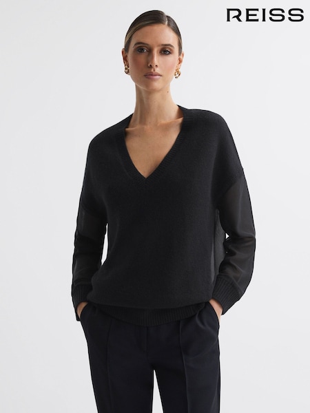 Reiss Black Shelly Hybrid Knit and Sheer V-Neck Jumper (406391) | €233
