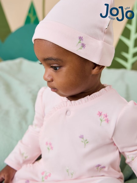 Pink - Jojo Maman Bébé Floral Embroidered Wrapover Sleepsuit & Hat Set
