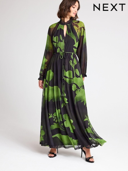 Black/Green Floral Long Sleeve Button Detail Mesh Maxi Dress (407564) | €62