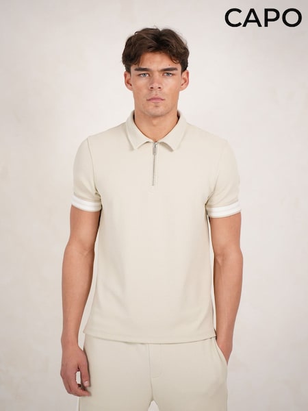 Light Beige Natural - Regular Capo Textured Tape Zip Polo Shirt