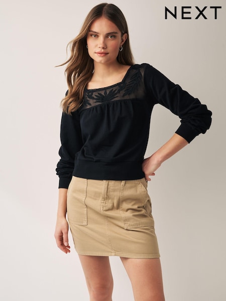 Black Lace Mesh Insert Square Neck Long Sleeve Top (408396) | €14