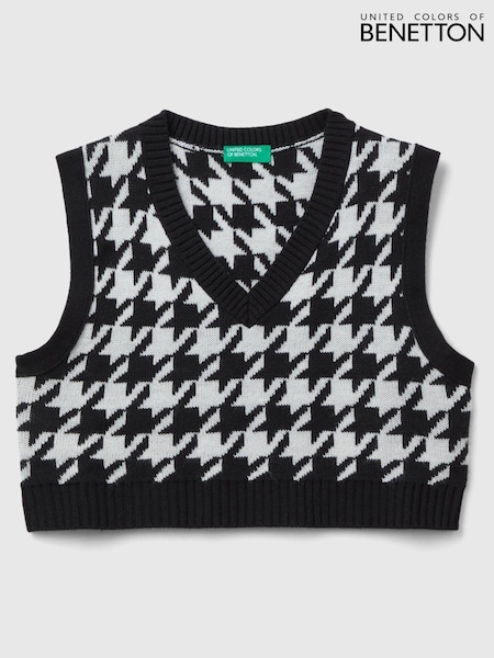Benetton Houndstooth V-Neck Knitted Black Vest (408864) | €13