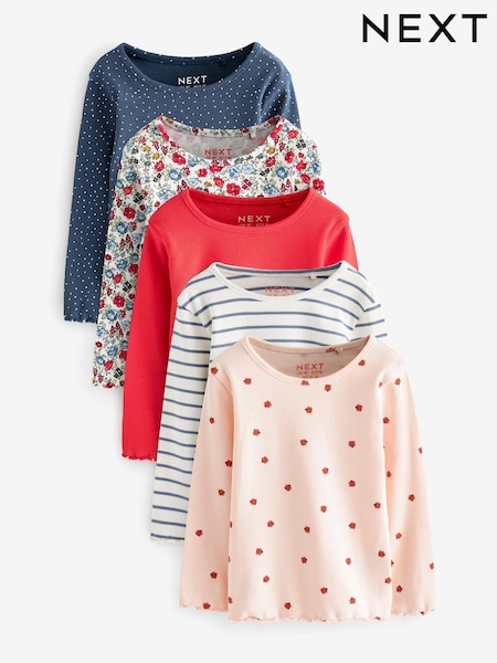 Navy Ribbed Long Sleeve Tops 5 Pack (3mths-7yrs) (409072) | $50 - $59