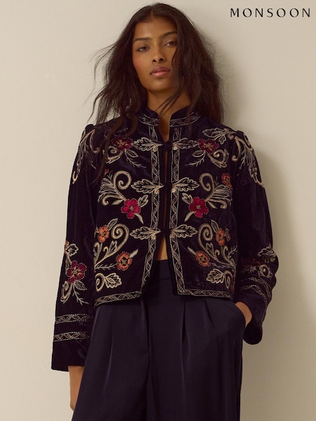 Noir - Monsoon Frankie Floral Embroidered Velvet Jacket