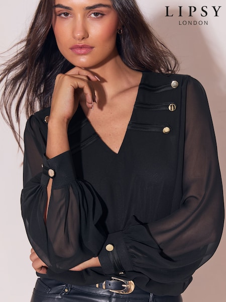 Black - Lipsy Military V-neck Woven Blouse