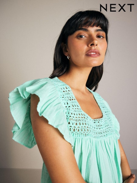 Aqua Blue 100% Cotton Square Neck Crochet Flutter Sleeve Top (409502) | €21.50