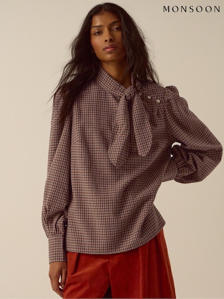 rjava - Monsoon Myla Tie Neck Gingham Top