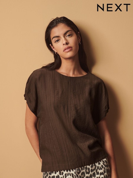 Chocolate Brown Gathered Short Sleeve Textured Boxy T-Shirt (409562) | AED42
