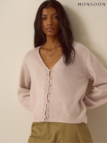 Brown - Monsoon Talitha V-neck Pointelle Cardigan