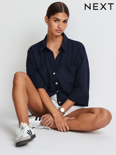 Navy Linen Blend Short Sleeve Safari Shirt (409596) | €19