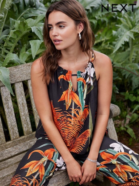 Kew Collection Black Floral Placement Notch Neck Cami Top (409755) | €14