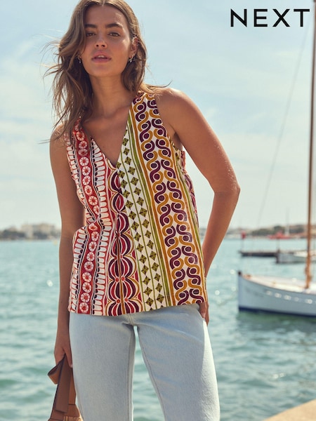 Multi Geo Tile Print Linen Blend V-Neck Summer Top (409788) | €14