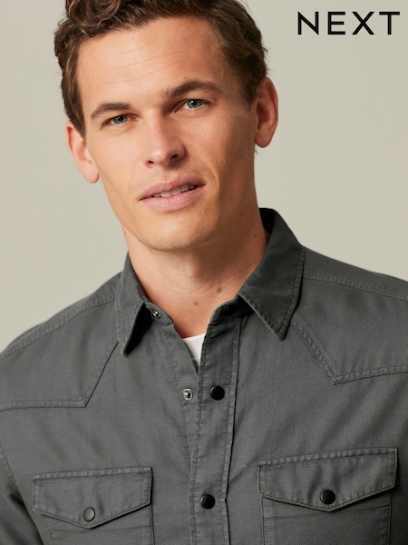Charcoal Grey Twin Pocket Textured Western Long Sleeve 100% Cotton Shirt (409804) | €19