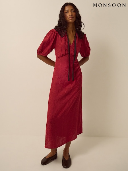Κόκκινο - Monsoon Tiana Collared Floral Jacquard Midi Dress