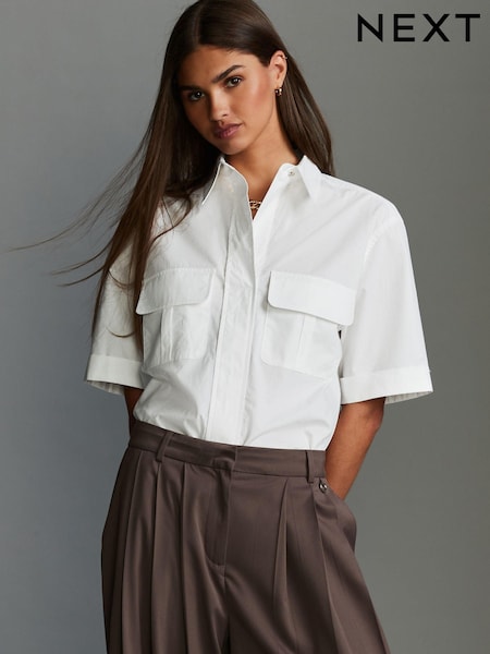 White 100% Cotton Poplin Short Sleeve Utility Shirt (409925) | €23.50