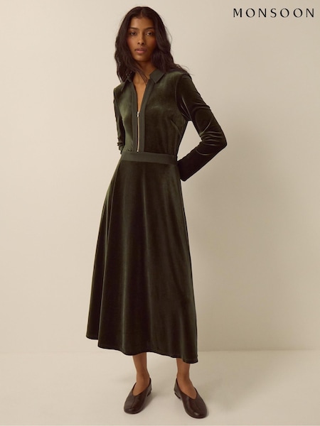 Жасыл - Monsoon Zeyna Zip Velvet Midi Dress