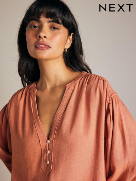 Oranžna - Long Sleeve V-Neck Button Front Blouse With Linen (410154) | € 19