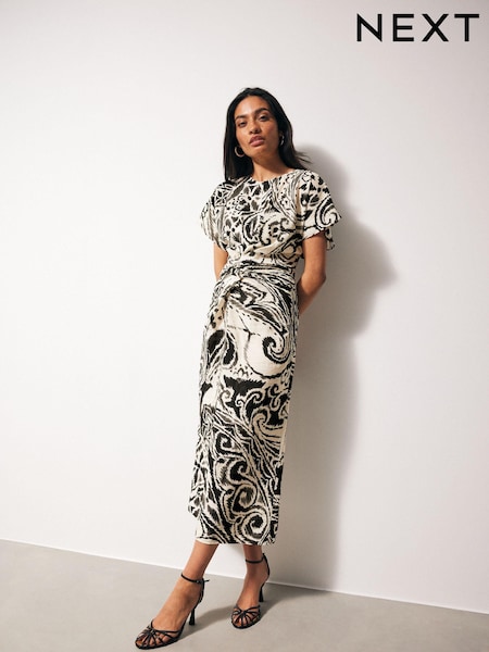 Črno-bela s paisley potiskom - Twist Waist Short Sleeve Midi Dress (410295) | € 25
