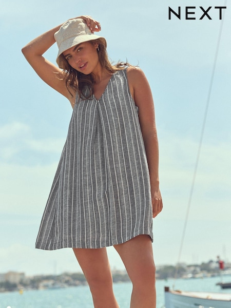 Black/Ecru Pinstripe Linen Blend V-Neck Summer Mini Dress (410345) | €12