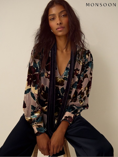 Brown - Monsoon Ayla Floral Devoré Blouse
