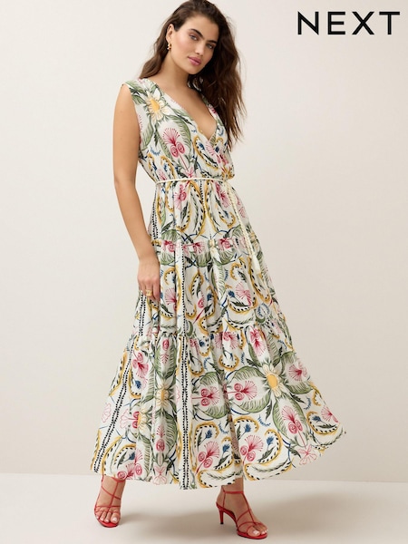 Ecru/Multi Paisley Print Sleeveless V-Neck Belted Maxi Dress (410431) | €29