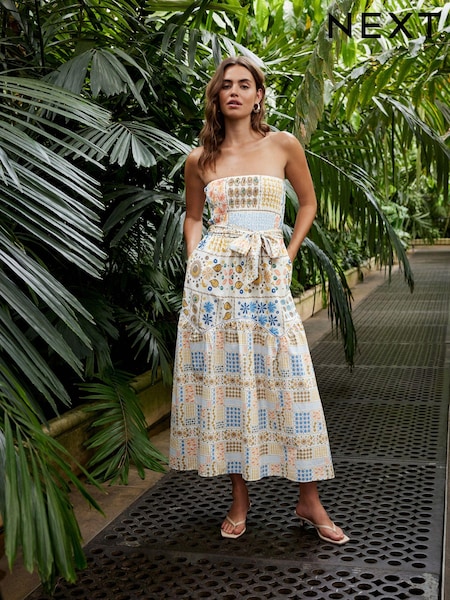 белый/разноцветный Tile принт - 100% Cotton Shirred Bandeau Midi Summer Dress (410450) | €12