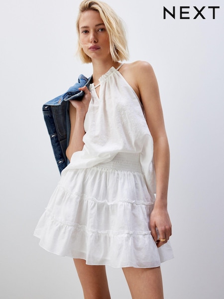 White Tiered Ruched Waist 100% Cotton Mini Skirt (410649) | €4