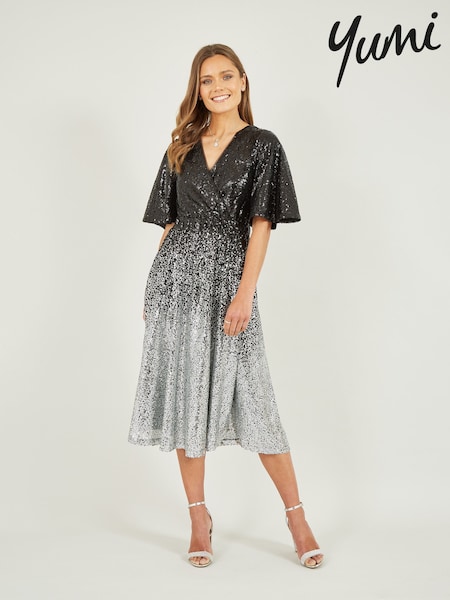 Yumi Black Ombre Sequin Midi Wrap Dress (411860) | $173