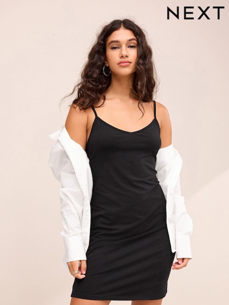 Black Long Line Thin Strap V-Neck Vest (412843) | AED17