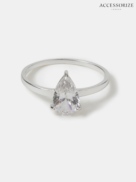 Silver - Accessorize Sterling Pear Cut Engagement Ring