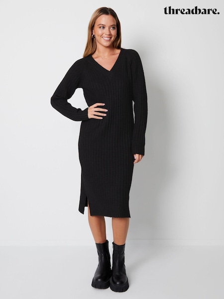 Threadbare Black Petite V-Neck Knitted Midi Dress (413561) | €15.50