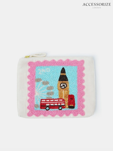Cream - Accessorize Beaded London Stamp Pouch