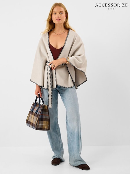 Cream - Accessorize Contrast Trim Belted Poncho