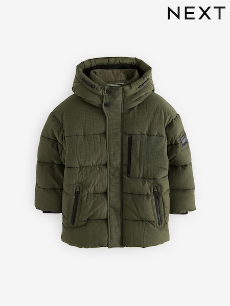 Khaki Green Utility Fleece Lined Hooded Padded Puffer Coat (3-16yrs) (414113) | AED101 - AED142