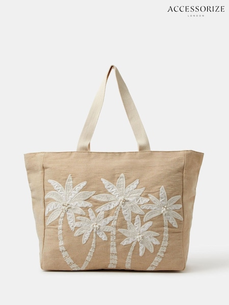 Natural - Accessorize Palm Tree Embroidered Woven Beach Bag