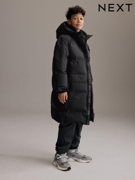 Black Premium Waterproof Longline Padded Puffer Coat (3-16yrs) (414145) | AED172 - AED213