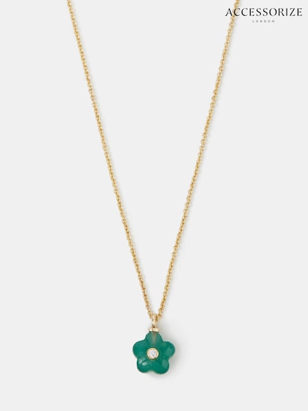 Gold - Accessorize 14ct Plated Green Quartz Flower Pendant Necklace