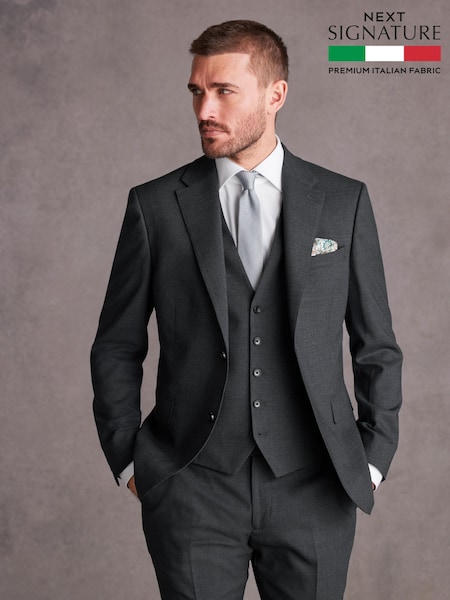 Charcoal Grey Slim Fit Signature Tollegno Italian Wool Textured Suit Jacket (414322) | AED569