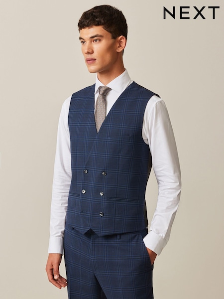 Navy Blue Bold Check Suit Waistcoat (414516) | $78