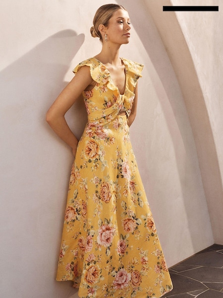 Forever New Yellow Pure Linen Haisley Flounce Midi Dress (414971) | €70
