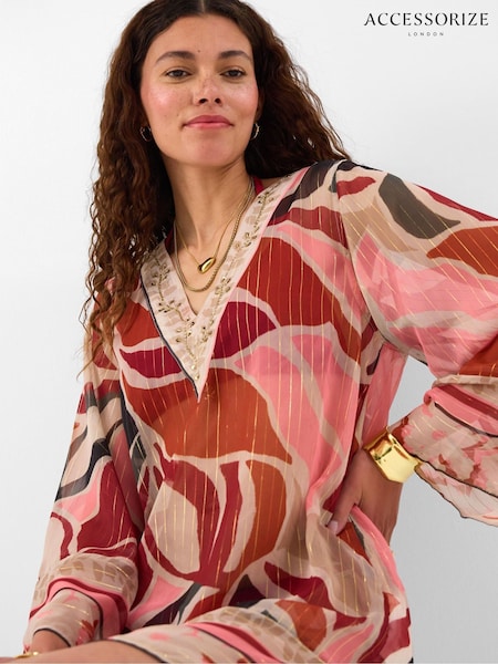 Brown - Accessorize Abstract Chiffon Mini Kaftan