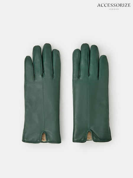 Green - Accessorize Faux Fur Lined Leather Gloves