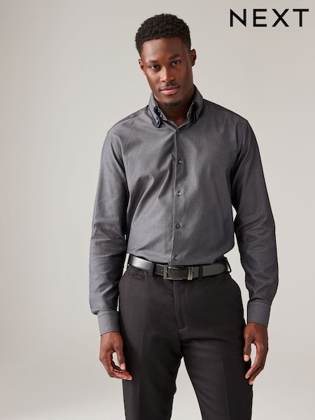 Grey Double Collar Regular Fit Trimmed Formal 100% Cotton Oxford Shirt (415720) | 94 QAR