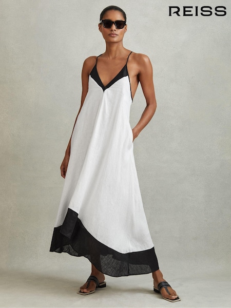 Reiss Navy/White Stevie Linen Colourblock Cross-Back Midi Dress (415851) | €301