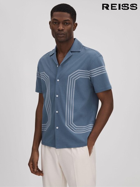 Reiss Airforce Blue Arlington Mercerised Cotton Embroidered Cuban Collar Shirt (415910) | 647 QAR