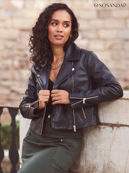 Sosandar Black Pocket Detail Utility Leather Biker Jacket (415949) | €158