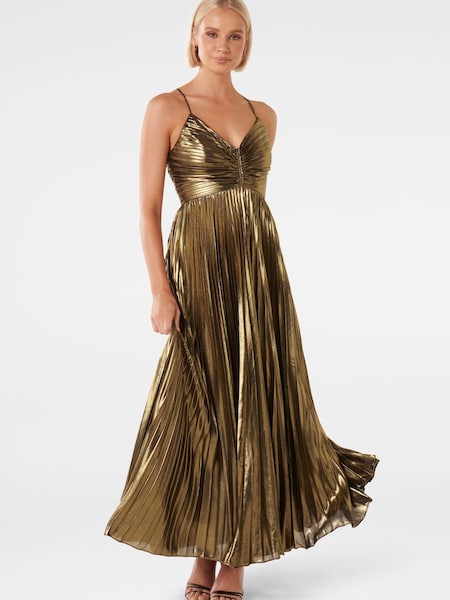 Forever New Gold Gabriella Metallic Pleated Maxi Dress (416497) | €89