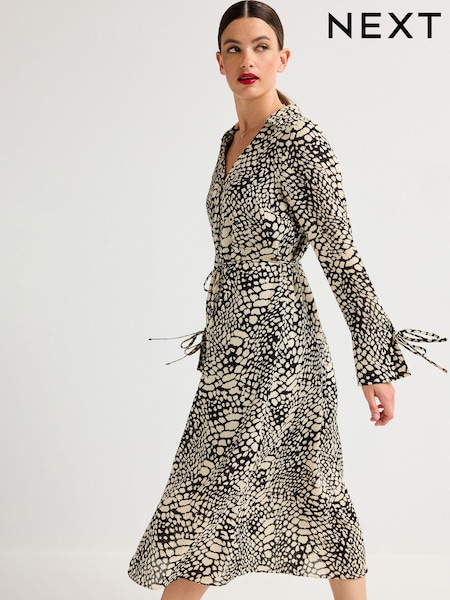 Монохромный с абстрактным принтом - Tie Sleeve Belted Midi Dress (417006) | €10